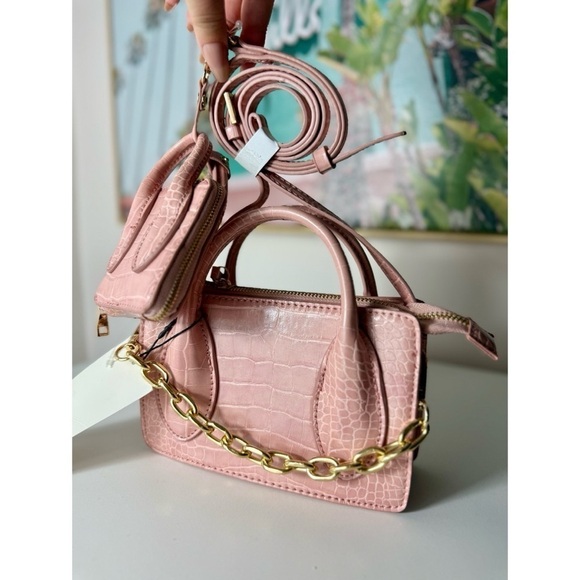 Zara Pastel Light Pink Croc Faux Leather Crossbody Mini Bag & Coin Purse Set - Picture 2 of 11